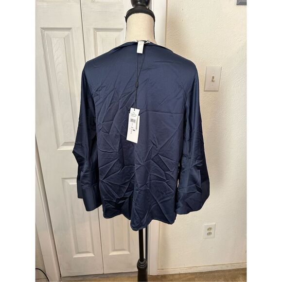 Halston Women's Cowl Neck Draped Blouse Navy Blue Size Medium NWT - Picture 3 of 7